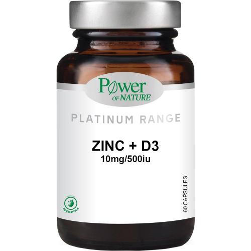 Power of Nature Platinum Range Zinc 10mg & Vitamin D3 500iu Συμπλήρωμά Διατροφής με Βιταμίνη D3 & Ψευδάργυρο για Μέγιστη Απορρόφηση για Τόνωση των Οστών, Μυών, Δοντιών & Ενίσχυση Ανοσοποιητικού 60caps